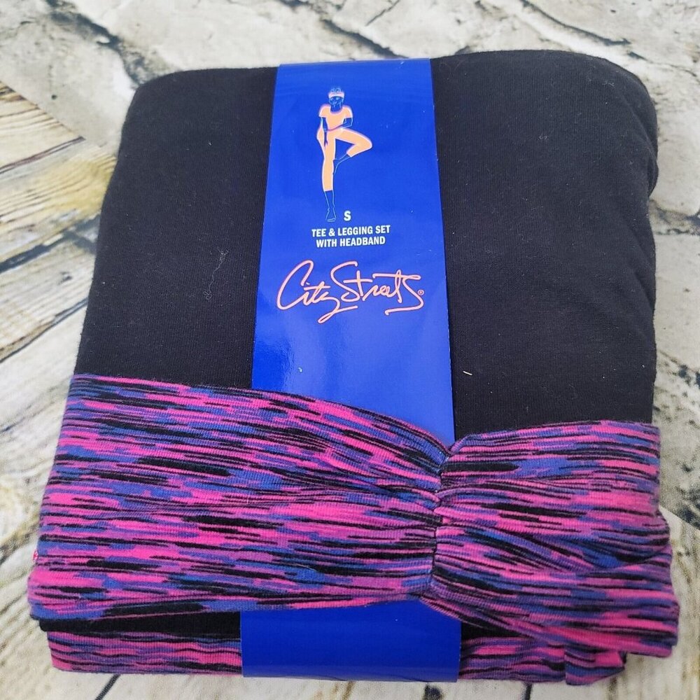 City Streets Tee & Legging W Headband Black Pink Purple Color Small